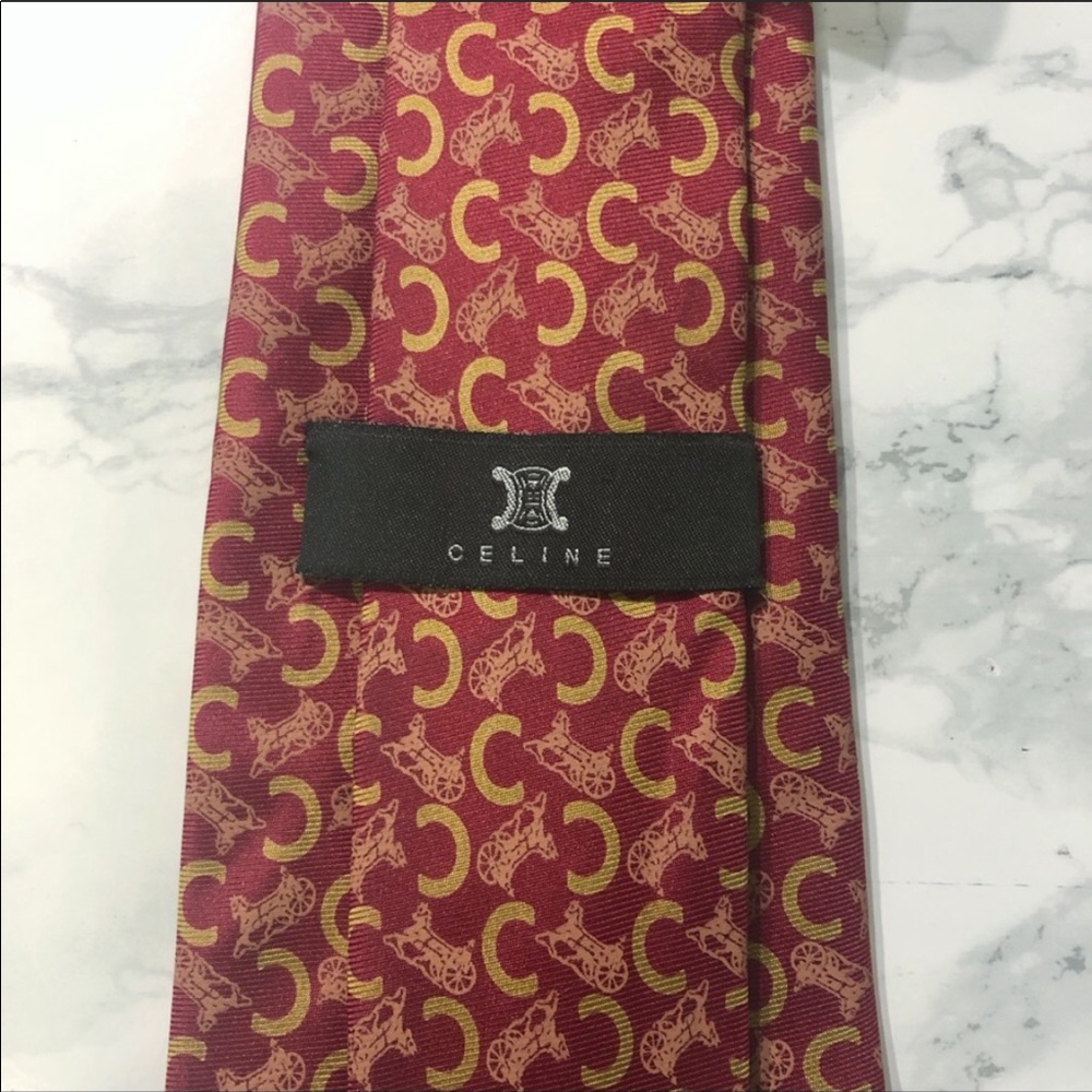 Céline Vintage Red Gold Buffy Print Silk Tie EUC